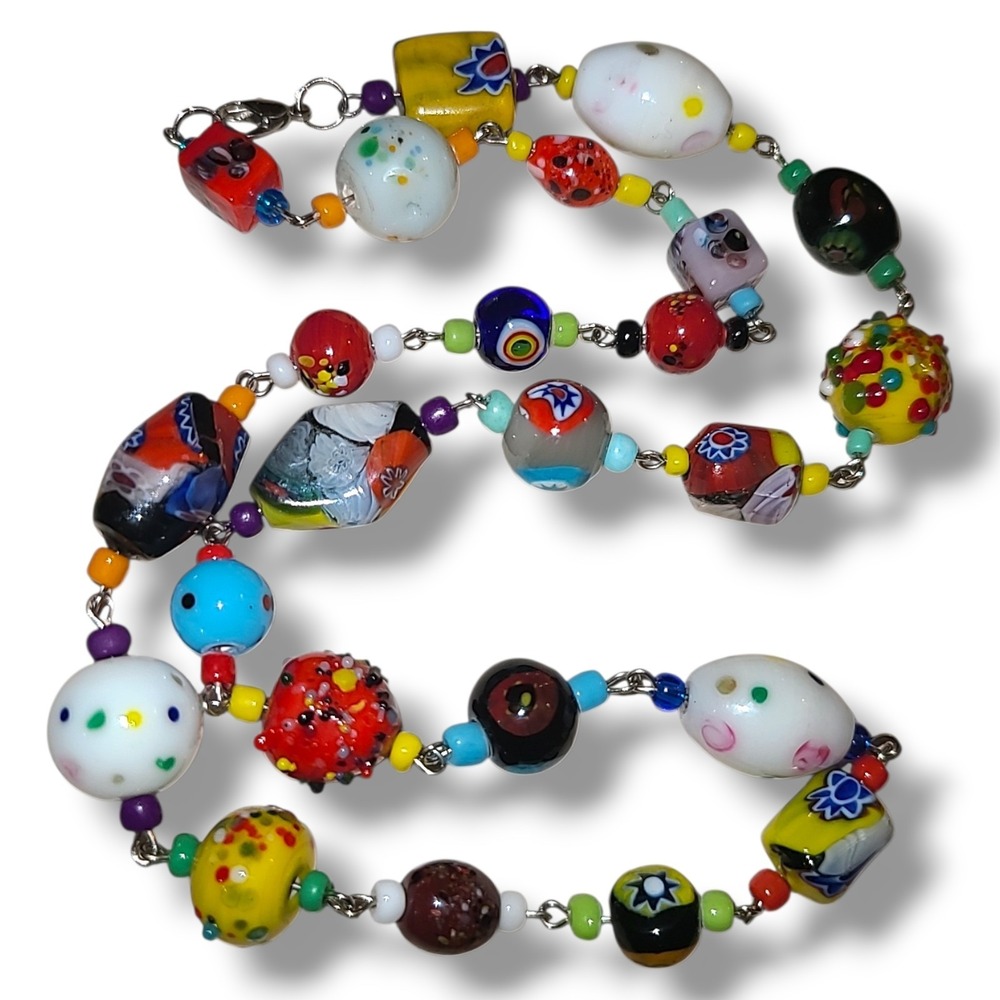 Vintage Murano Millefiori Lampwork Art Glass Bead Necklace 22" Colorful